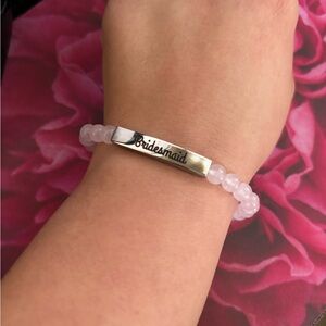 Bridesmaid Engraved Rose Quartz Natural Stone Bar Bracelet